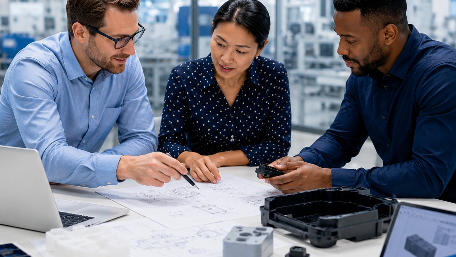 Professional buyer support team reviewing tooling drawings and moulded parts