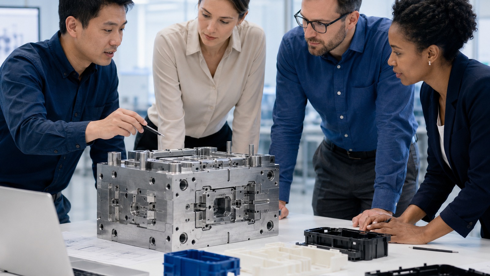 Diverse technical review team examining injection mould tooling and plastic parts