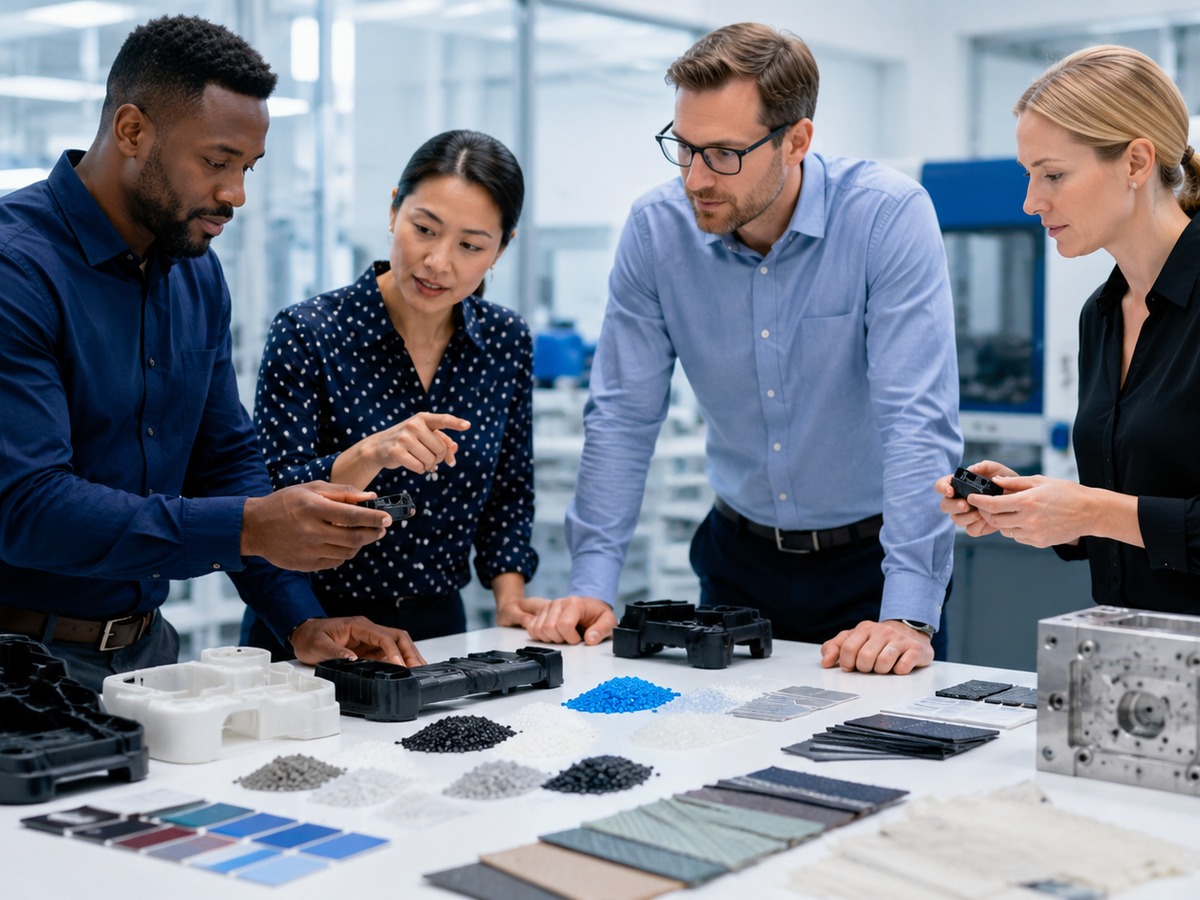 Diverse team reviewing injection moulded product samples and tooling strategy